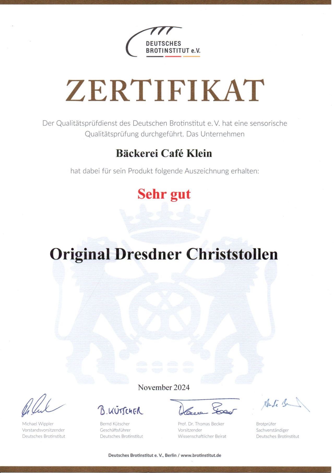 Bäckerei & Café Klein – Zerifikat Bäckerei & Café Klein – Zerifikat